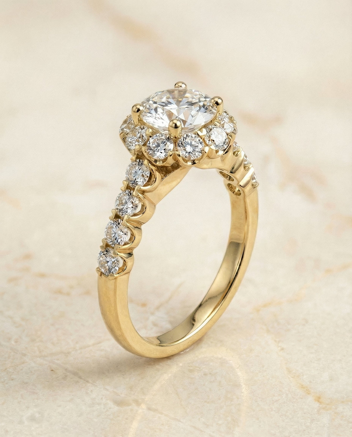 Musetta Select Shared Prong Halo Linear Band Round Lab Diamond Engagement Ring in 18K Yellow Gold, front view | RockHer