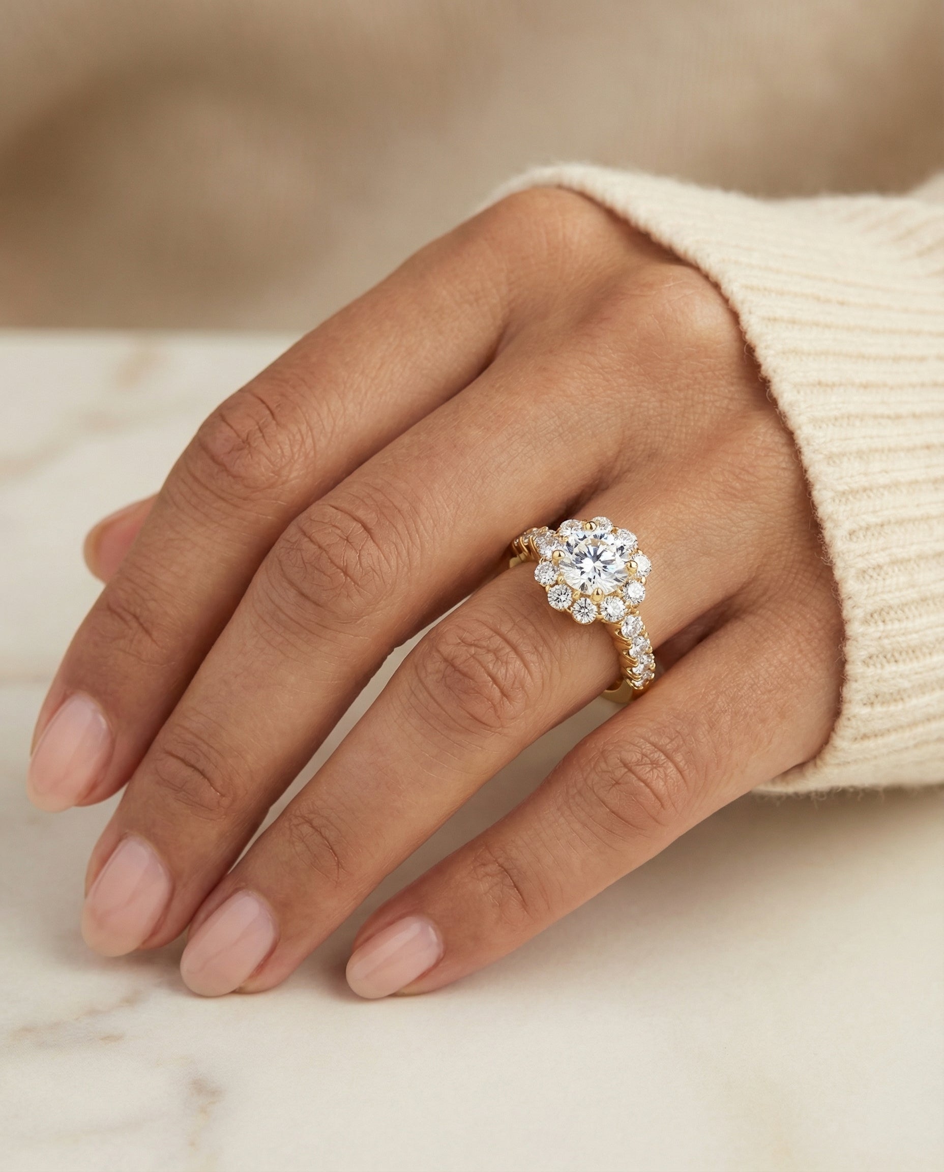 The Musetta engagement ring setting in 18K Yellow Gold, shared prong halo linear band design | RockHer