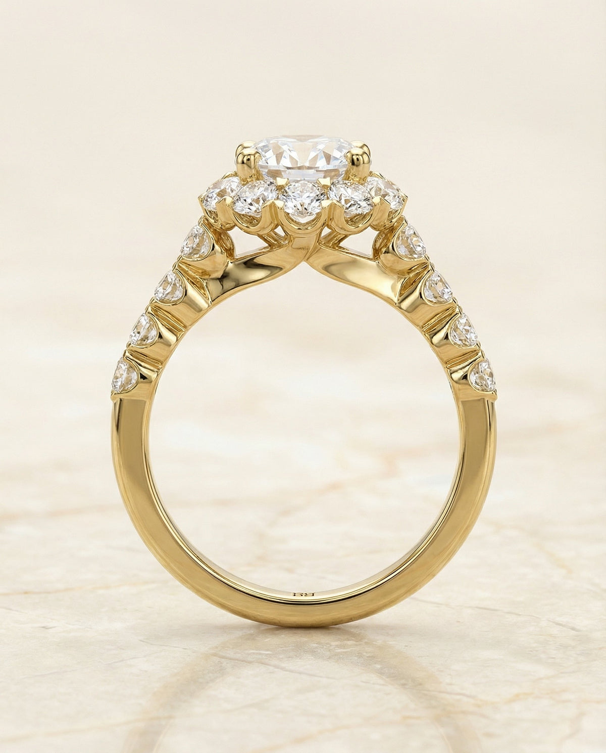 Musetta Select Shared Prong Halo Linear Band Round Lab Diamond Engagement Ring in 18K Yellow Gold, side view | RockHer