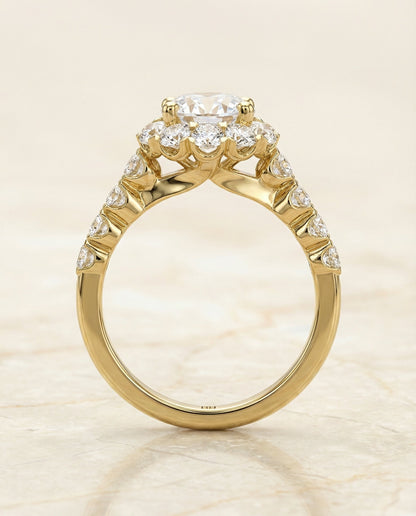 The Musetta Select Shared Prong Halo Linear Band Solitaire Engagement Ring with Lab Diamond in 18K Yellow Gold — view 2