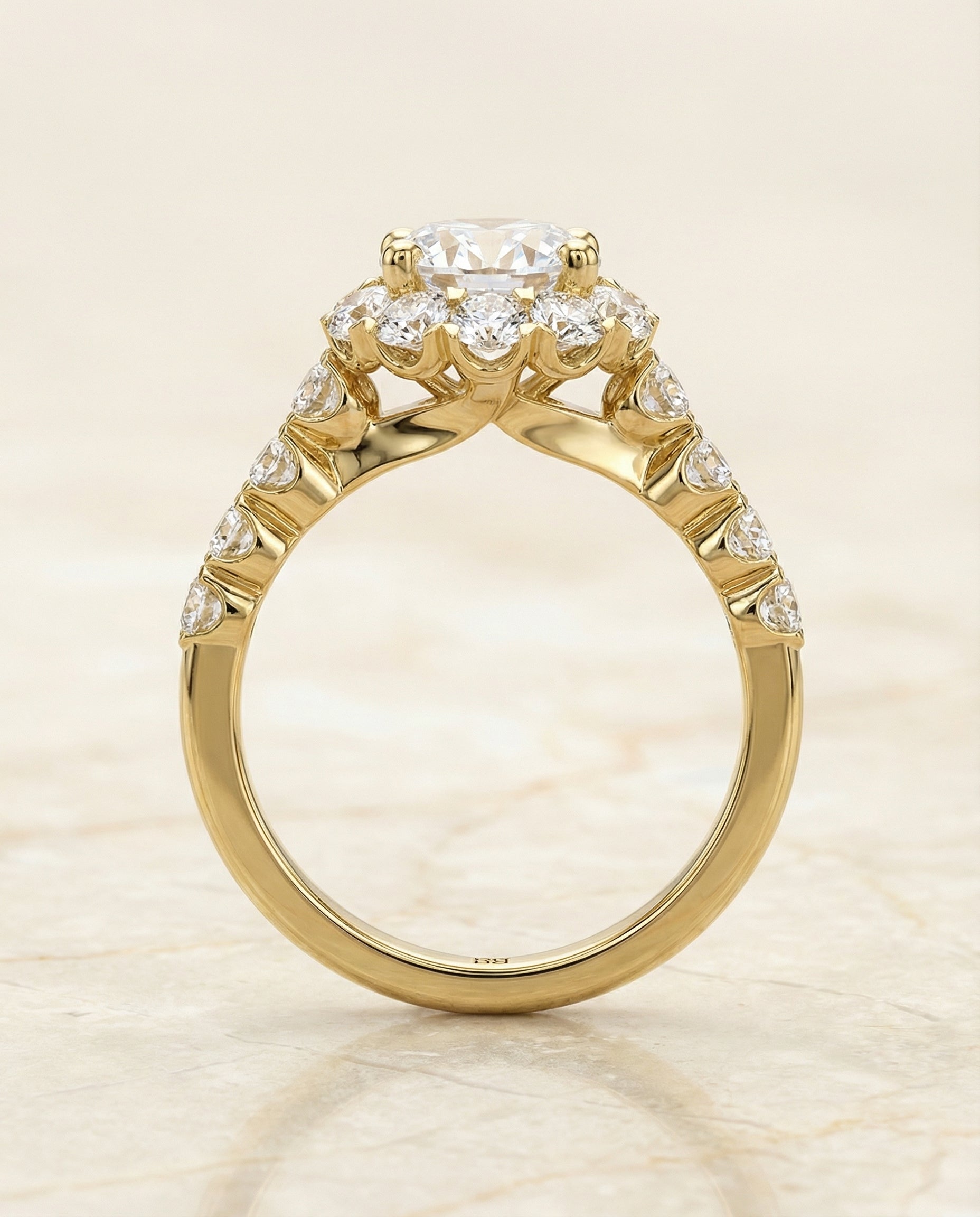 Shared Prong Halo Linear Band styling on The Musetta round engagement ring setting | RockHer