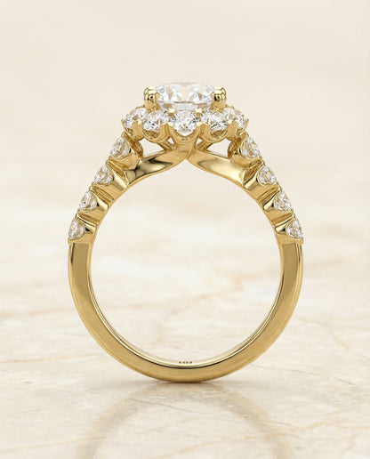 Round Brilliant, Shared Prong Halo Linear Band, in 18K Yellow Gold – side profile | RockHer