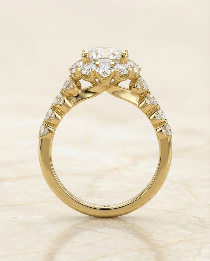 Round Brilliant, Shared Prong Halo Linear Band, in 18K Yellow Gold – side profile | RockHer