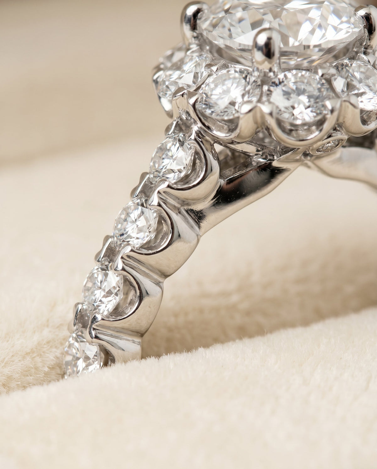 Musetta Select Shared Prong Halo Linear Band Round Lab Diamond Engagement Ring in Platinum, detail view | RockHer