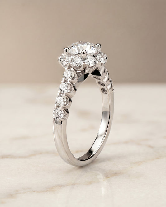 Round Brilliant, Shared Prong Halo Linear Band, in 18K White Gold – front view | RockHer
