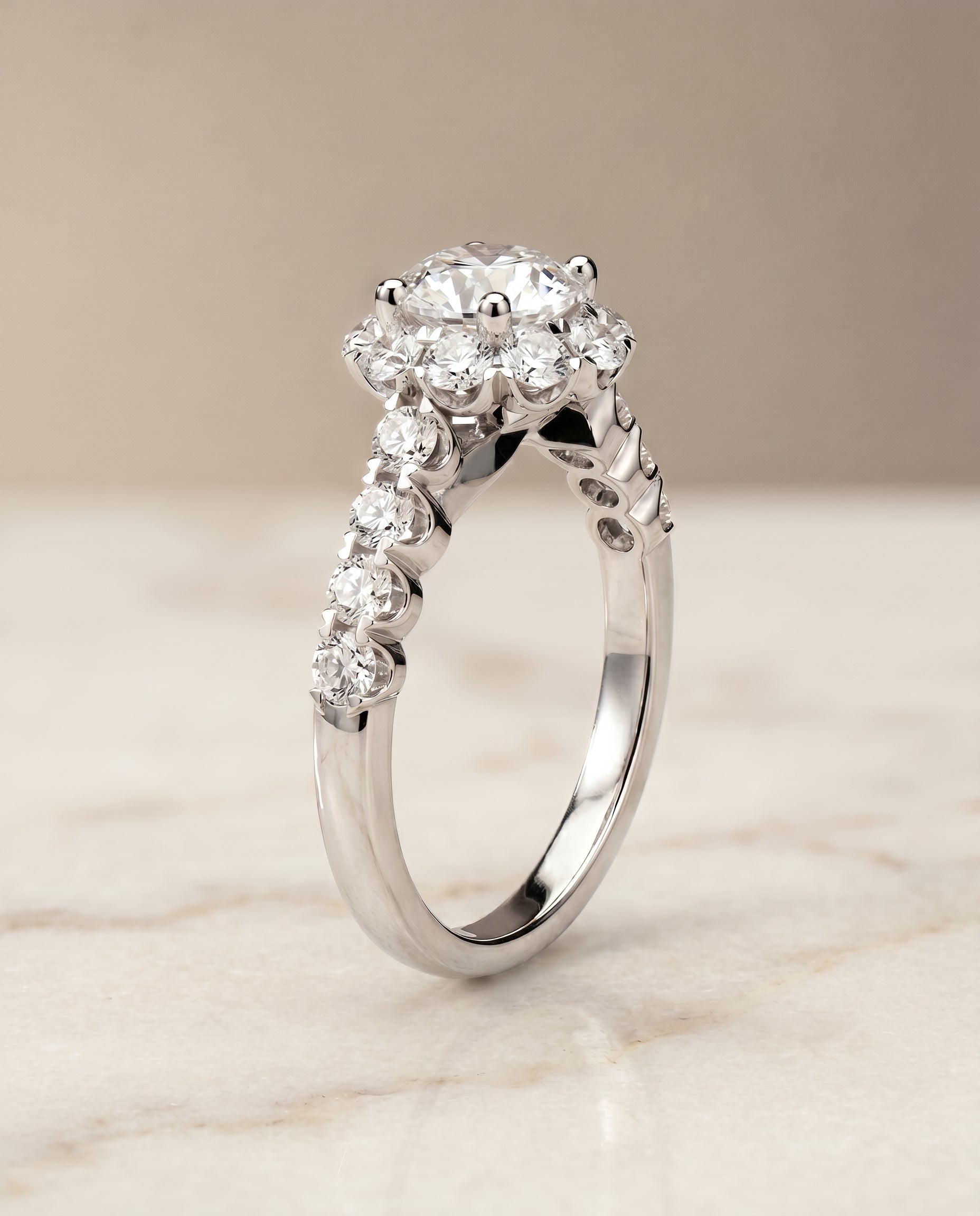 The Musetta Select Shared Prong Halo Linear Band Solitaire Engagement Ring with Lab Diamond in Platinum — view 1