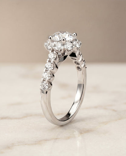 The Musetta Select Shared Prong Halo Linear Band Solitaire Engagement Ring with Lab Diamond in Platinum — view 1