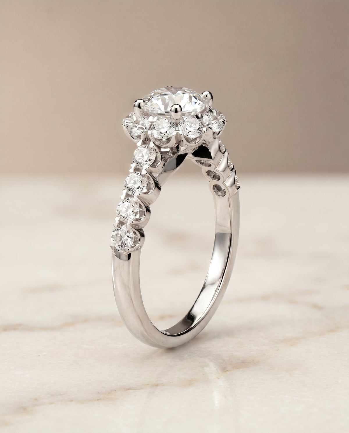 Musetta Select Shared Prong Halo Linear Band Round Lab Diamond Engagement Ring in Platinum, front view | RockHer