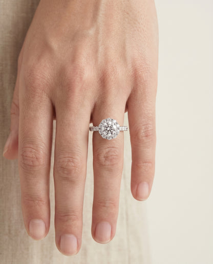 Round Brilliant, Shared Prong Halo Linear Band, in 18K White Gold – lifestyle shot | RockHer