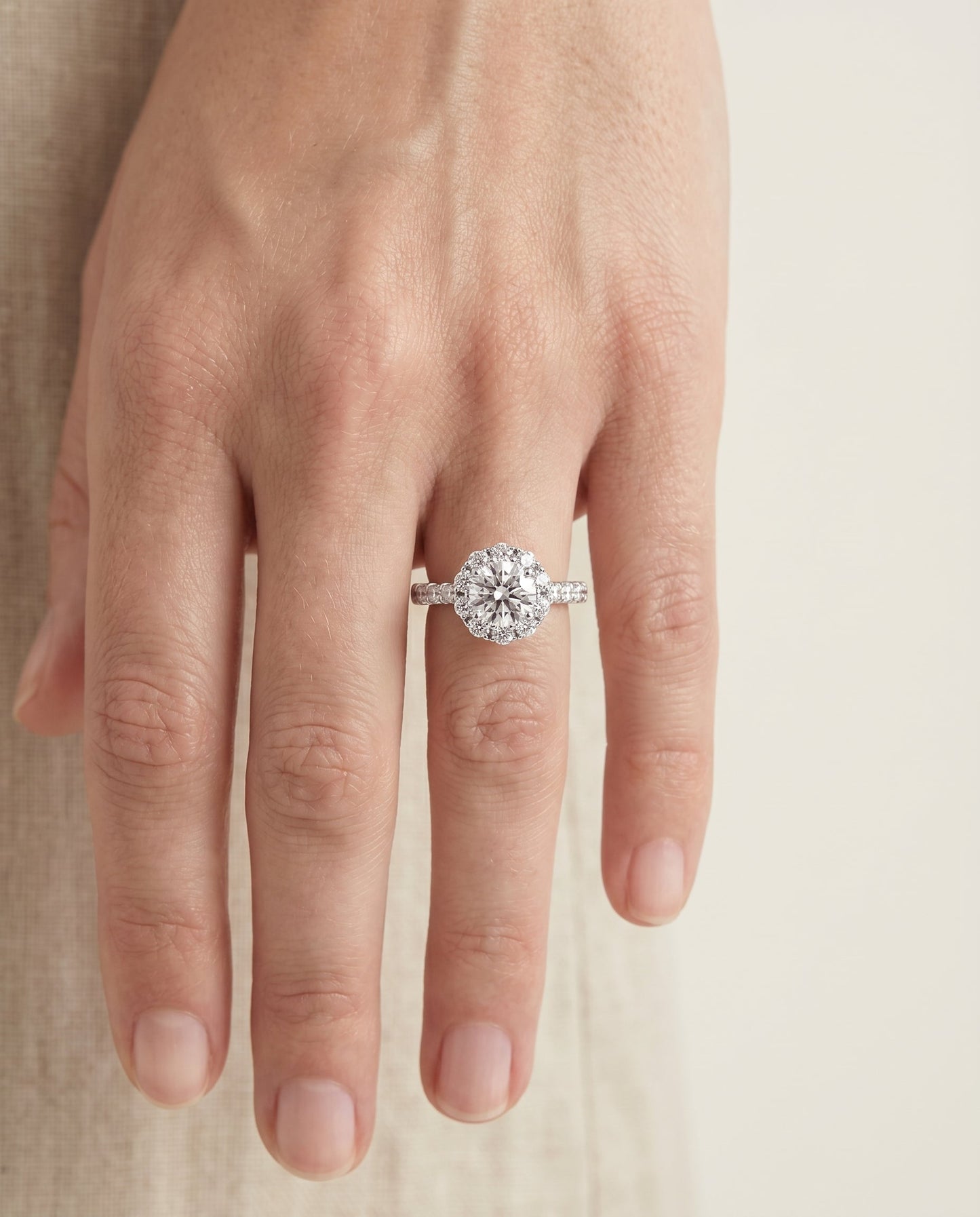 The Musetta Select Shared Prong Halo Linear Band Solitaire Engagement Ring with Lab Diamond in Platinum — view 3