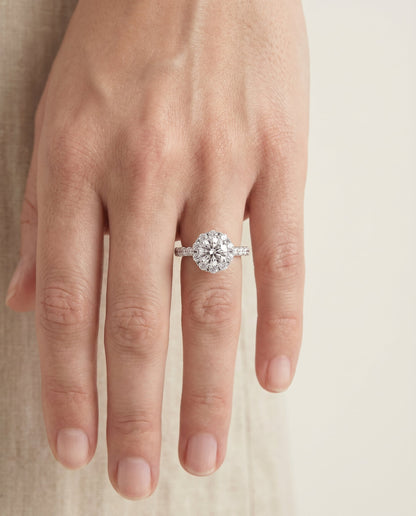The Musetta Select Shared Prong Halo Linear Band Solitaire Engagement Ring with Lab Diamond in Platinum — view 3