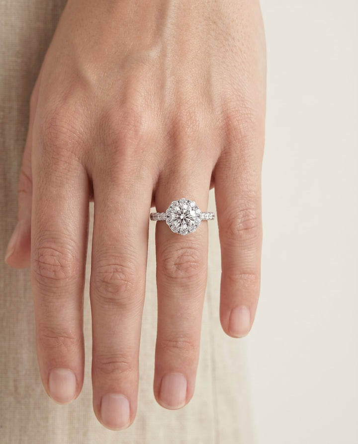 The Musetta Select Shared Prong Halo Linear Band Solitaire Engagement Ring with Lab Diamond in Platinum — view 3