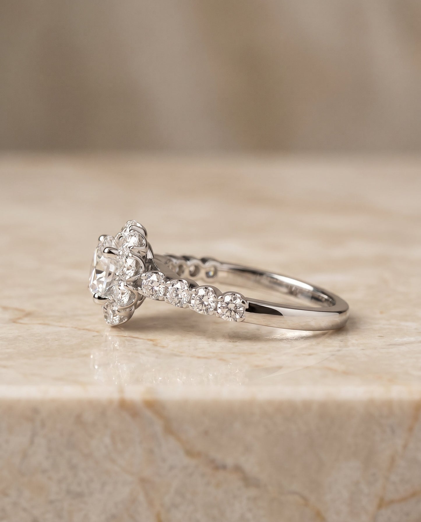 The Musetta Select Shared Prong Halo Linear Band Solitaire Engagement Ring with Lab Diamond in Platinum — view 2
