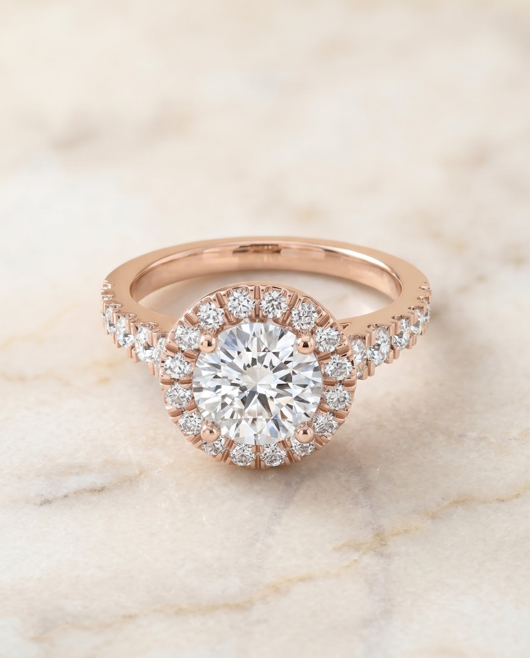 The Lucille Pavé Halo Engagement Ring Setting for Round Diamonds in 14K Rose Gold | RockHer