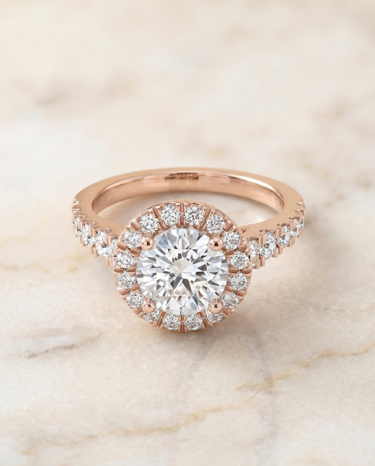The Lucille Pavé Halo Engagement Ring Setting for Round Diamonds in 14K Rose Gold | RockHer