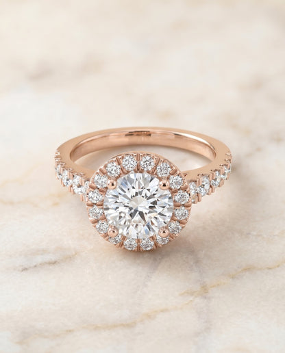 Lucille Select Shared Prong Halo Linear Side Set Round Lab Diamond Engagement Ring in 14K Rose Gold, alternate angle | RockHer