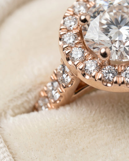 Lucille Select Shared Prong Halo Linear Side Set Round Lab Diamond Engagement Ring in 14K Rose Gold, detail view | RockHer