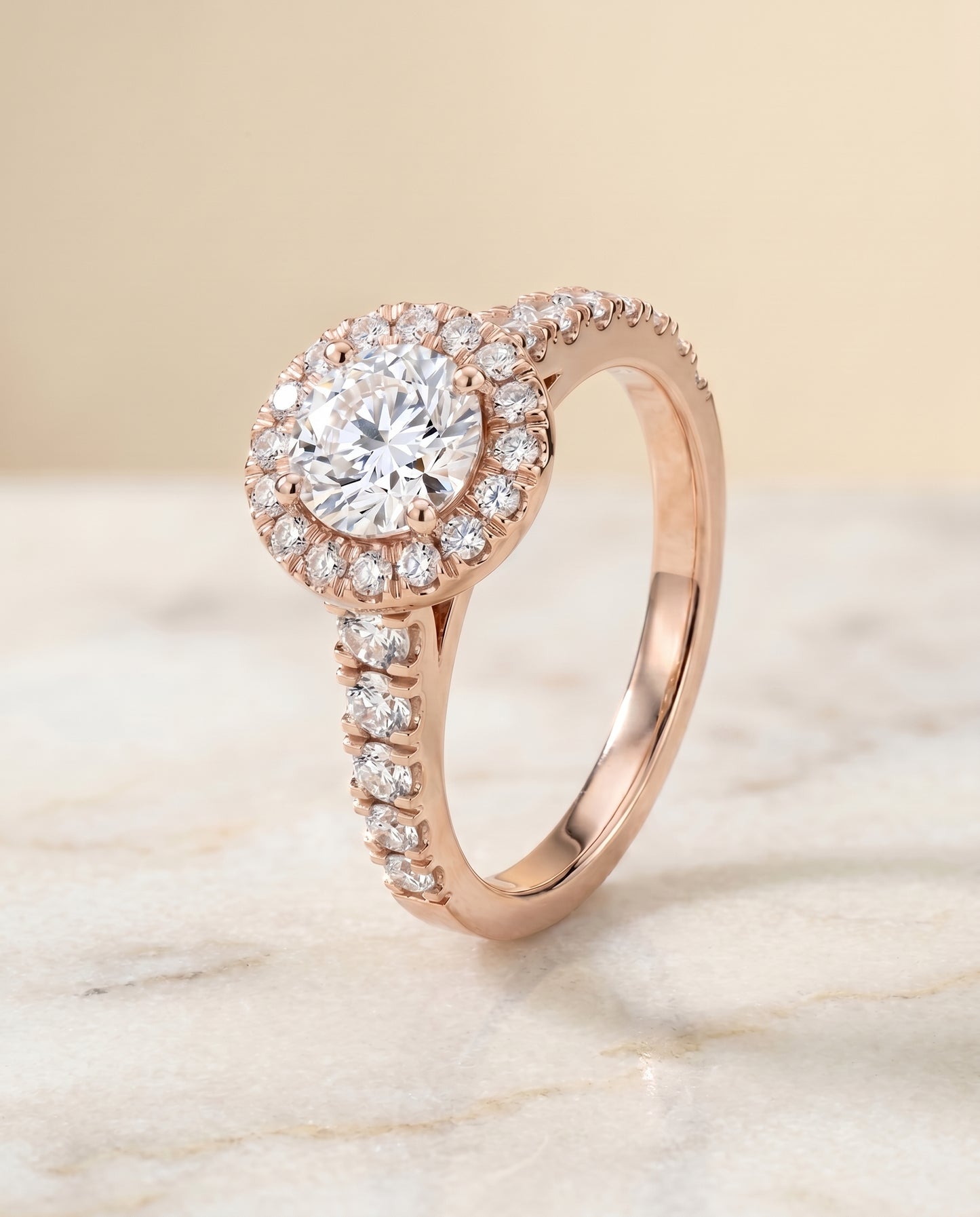 The Lucille Pavé Halo Engagement Ring Setting for Round Diamonds in 14K Rose Gold