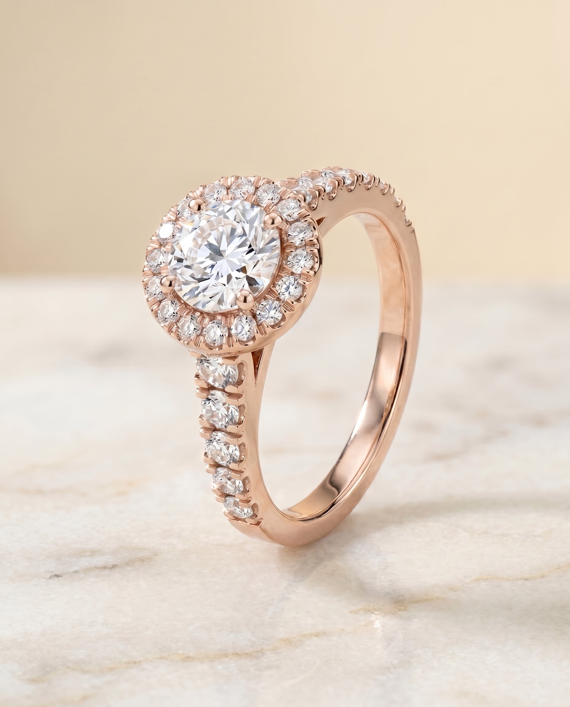 Shared Prong Halo Linear Side Set styling on The Lucille round engagement ring setting | RockHer