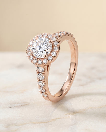 The Lucille Shared Prong Halo Linear Side Set Round Engagement Ring Setting in 14K Rose Gold