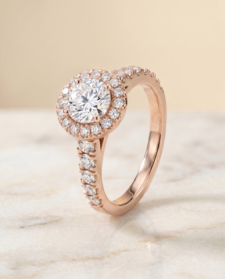 The Lucille Pavé Halo Engagement Ring Setting for Round Diamonds in 14K Rose Gold