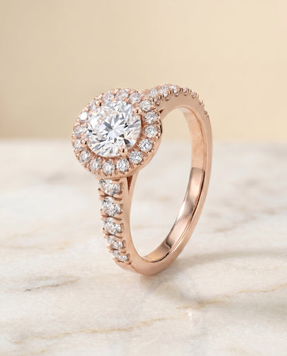 Lucille Select Shared Prong Halo Linear Side Set Round Lab Diamond Engagement Ring in 14K Rose Gold, front view | RockHer