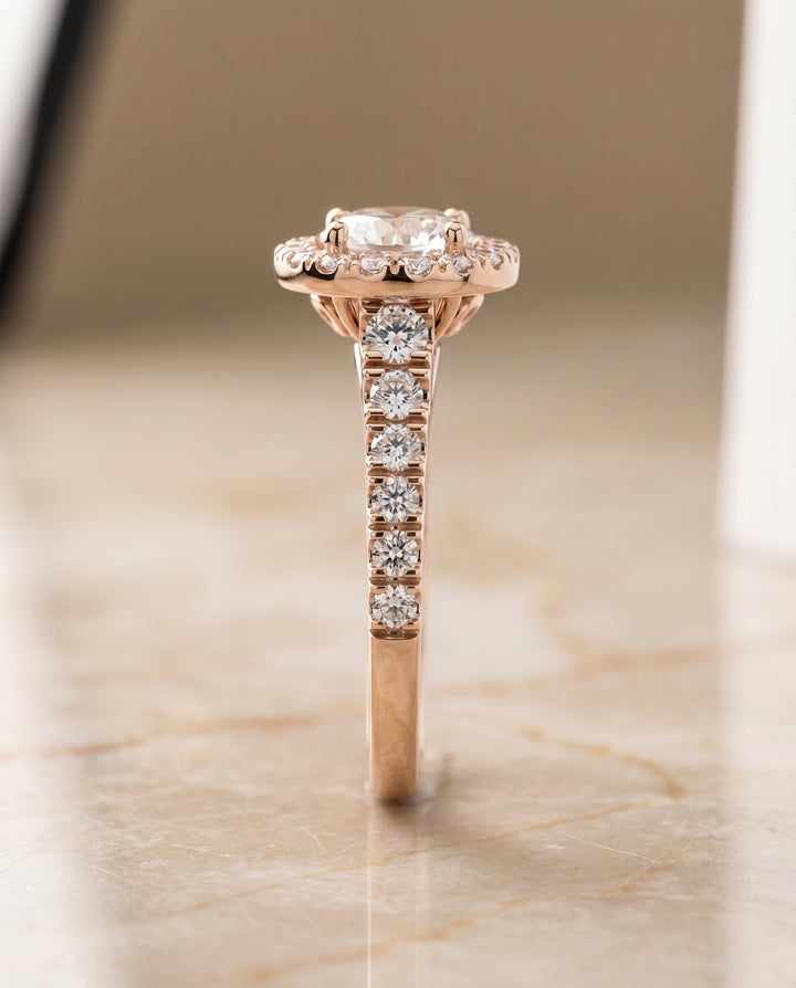 The Lucille Pavé Halo Engagement Ring Setting for Round Diamonds in 14K Rose Gold