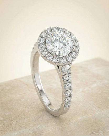 Lucille Select shared prong halo linear side set round ring in 14K White Gold — side — RockHer