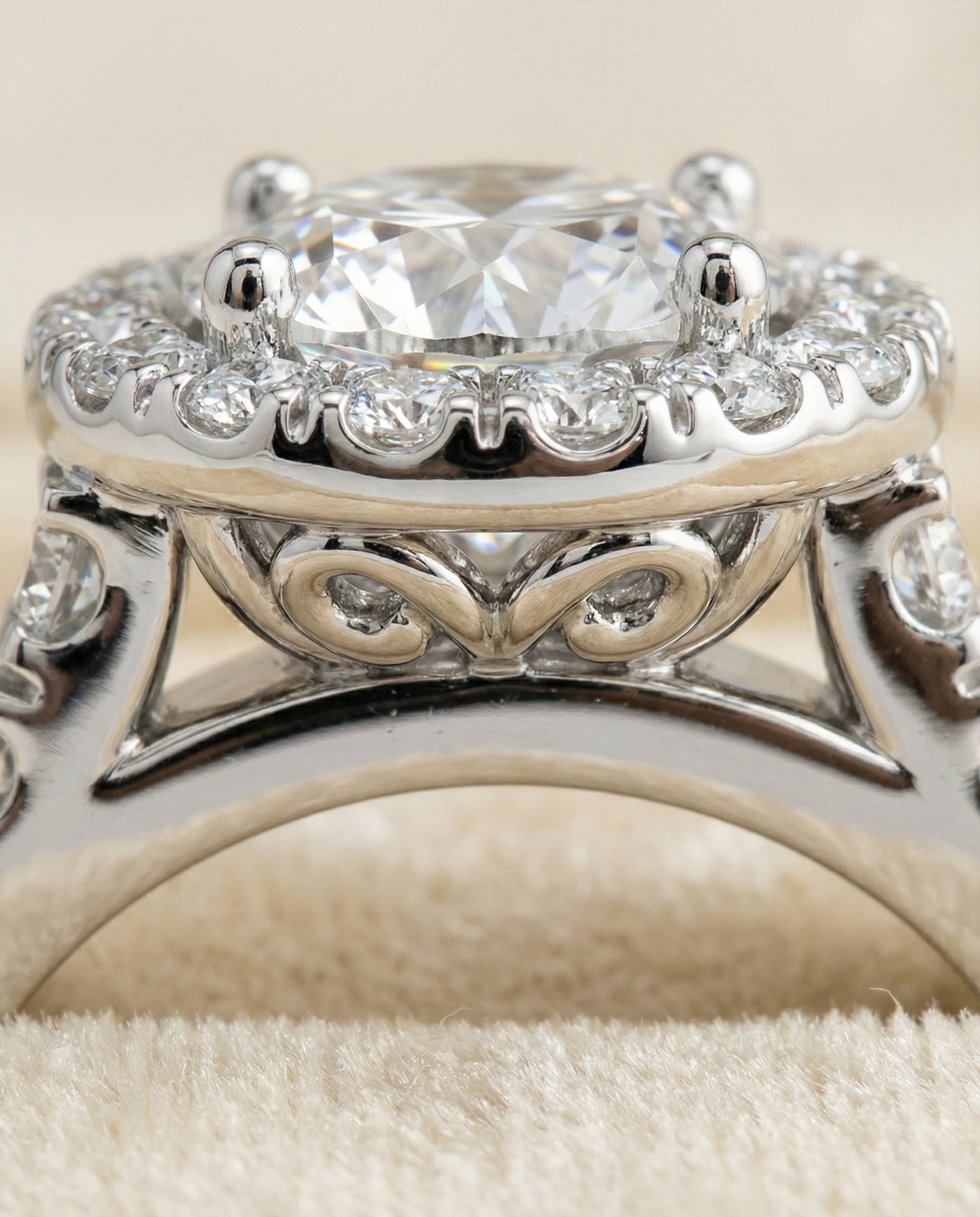 Lucille Select shared prong halo linear side set round ring in 14K White Gold — side — RockHer