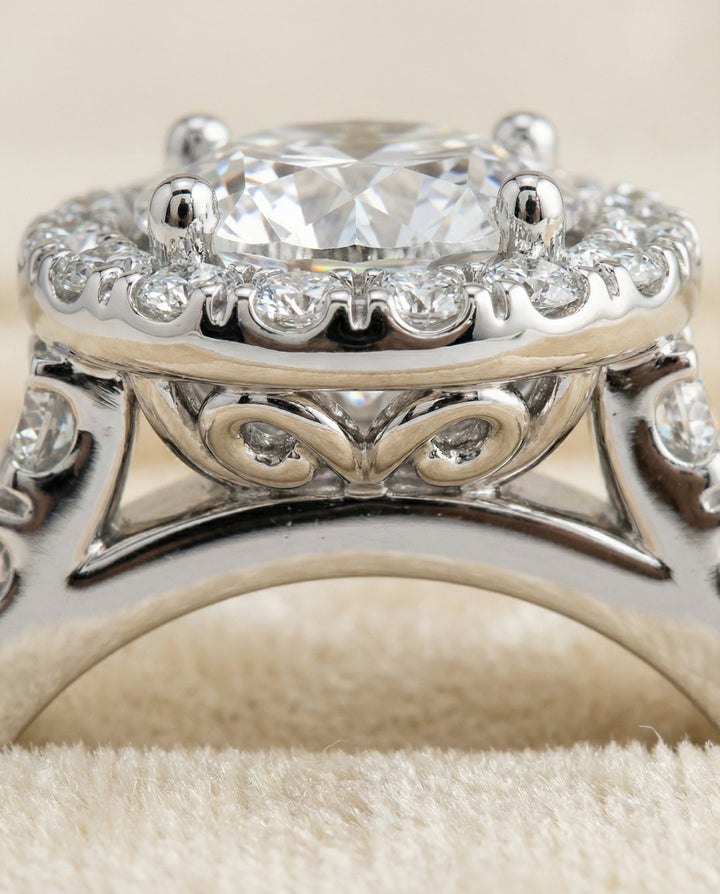 Lucille Select shared prong halo linear side set round ring in 14K White Gold — side — RockHer