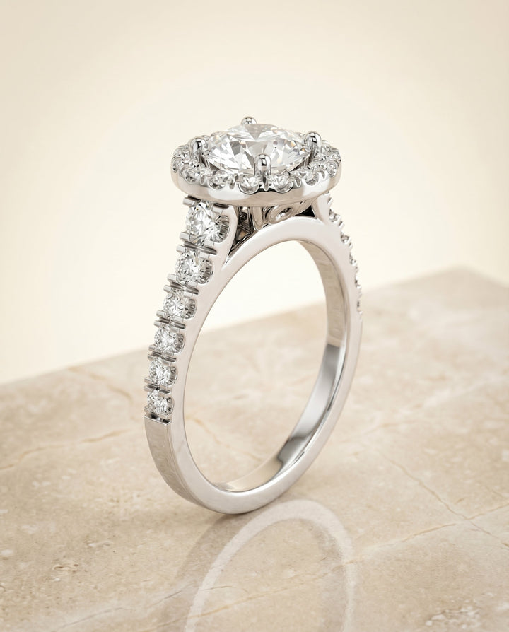 Lucille Select shared prong halo linear side set round ring in 14K White Gold — front — RockHer