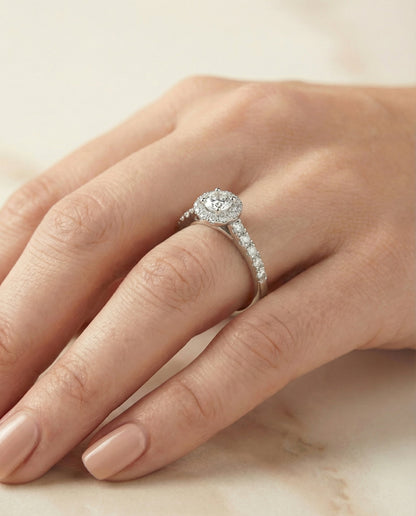 Lucille Select shared prong halo linear side set round ring in 14K White Gold — side — RockHer