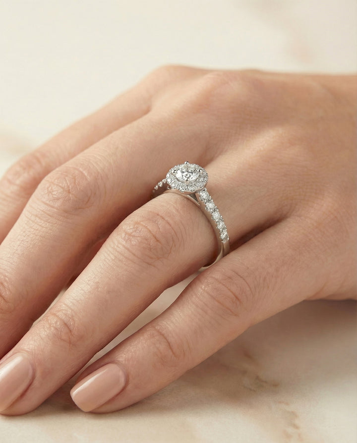 Lucille Select shared prong halo linear side set round ring in 14K White Gold — side — RockHer