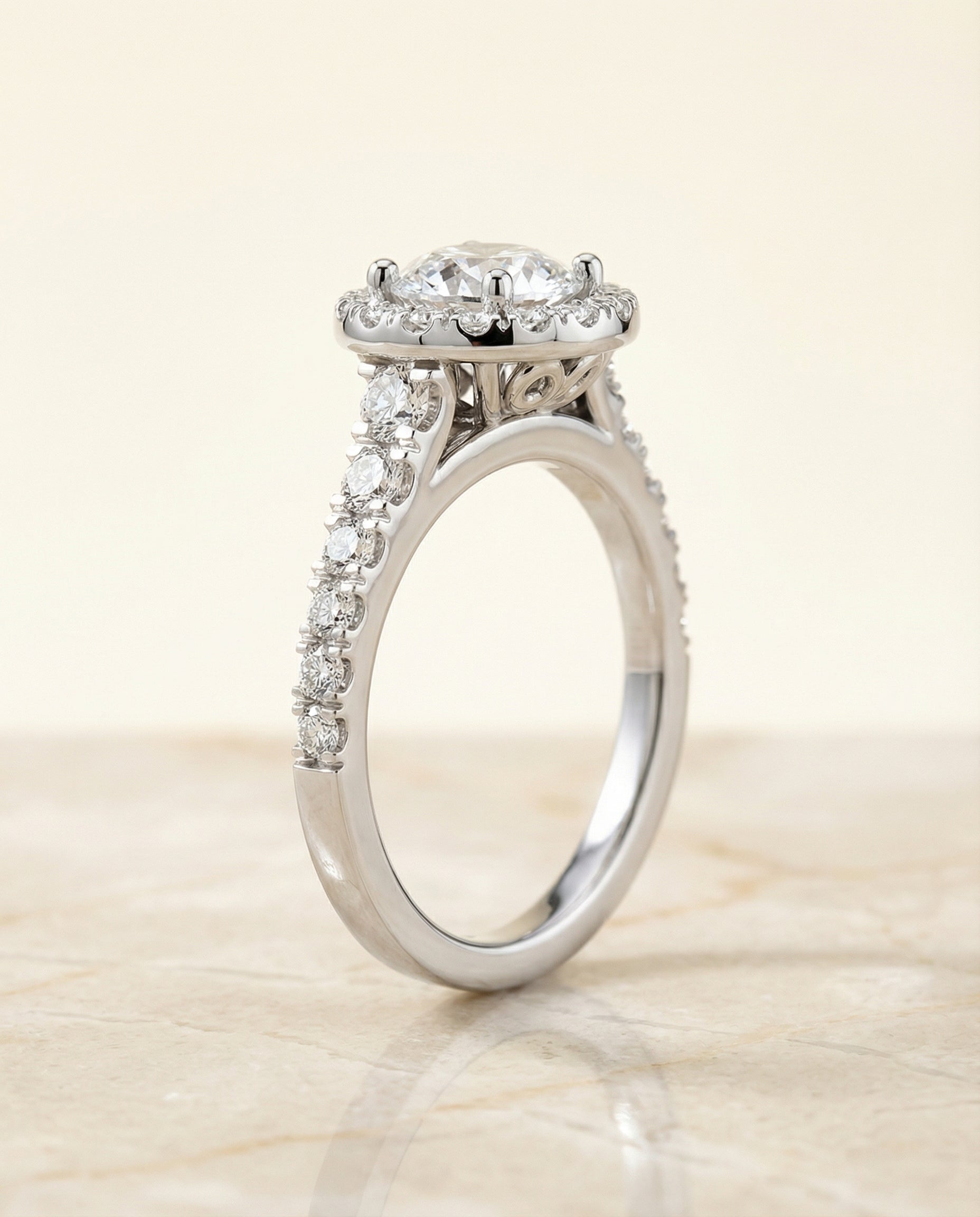Lucille Select shared prong halo linear side set round ring in 14K White Gold — side — RockHer