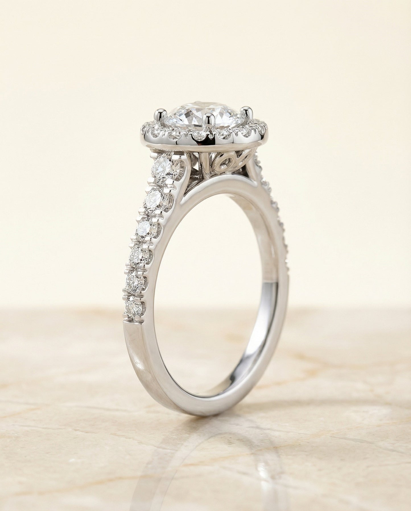 Lucille Select shared prong halo linear side set round ring in 14K White Gold — side — RockHer