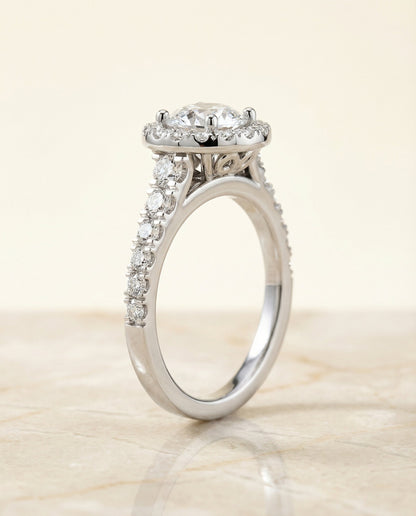 Lucille Select shared prong halo linear side set round ring in 14K White Gold — side — RockHer
