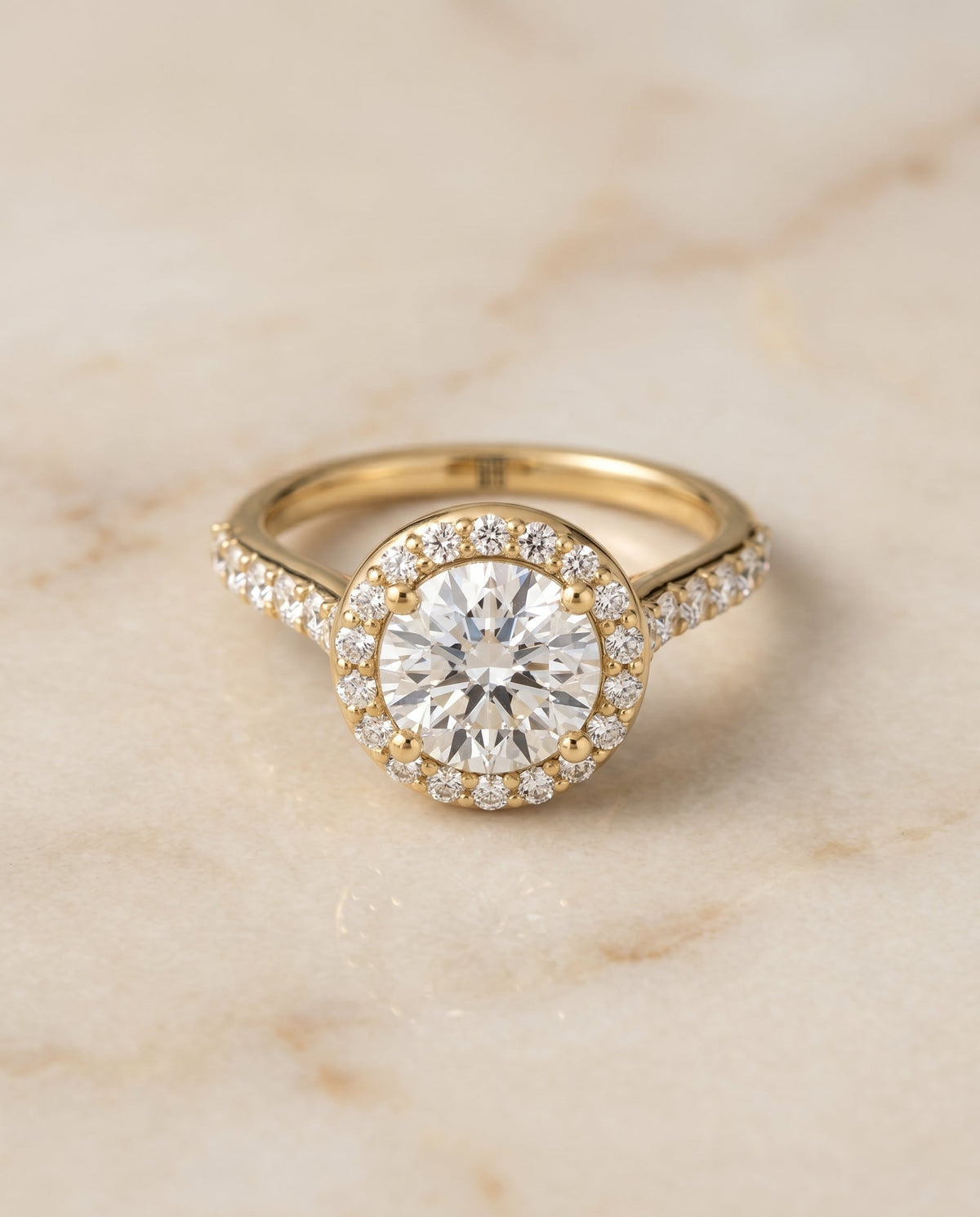 Alicia Select Shared Prong Halo Round Lab Diamond Engagement Ring in 18K Yellow Gold, alternate angle | RockHer