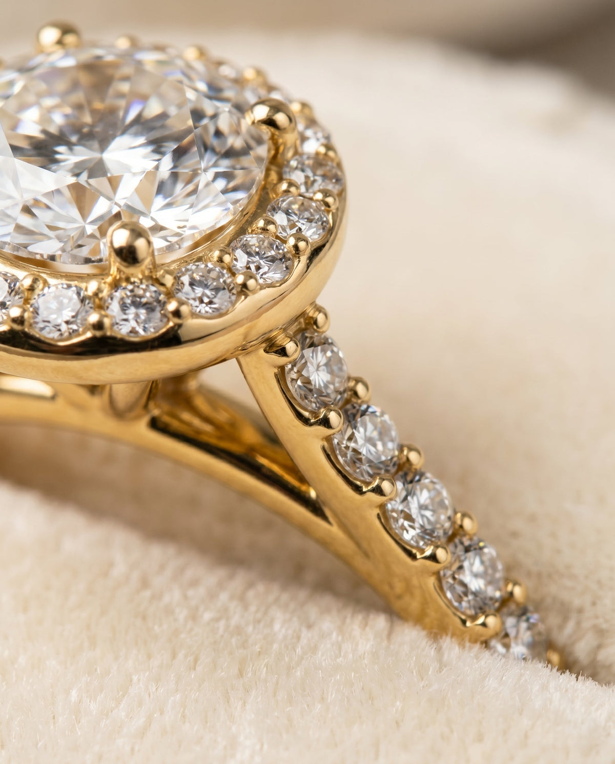 Alicia Select Shared Prong Halo Round Lab Diamond Engagement Ring in 18K Yellow Gold, detail view | RockHer