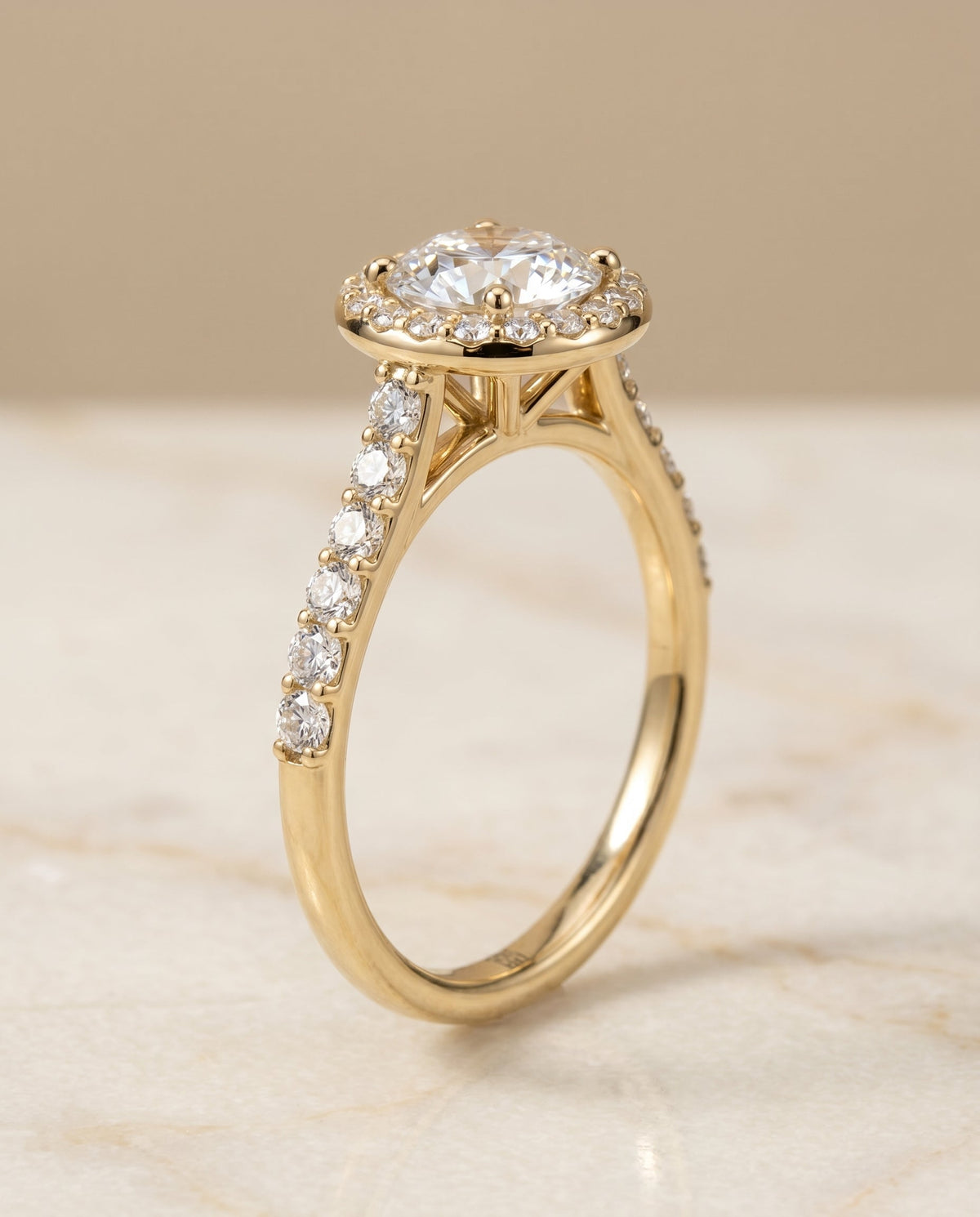 Alicia Select Shared Prong Halo Round Lab Diamond Engagement Ring in 18K Yellow Gold, front view | RockHer