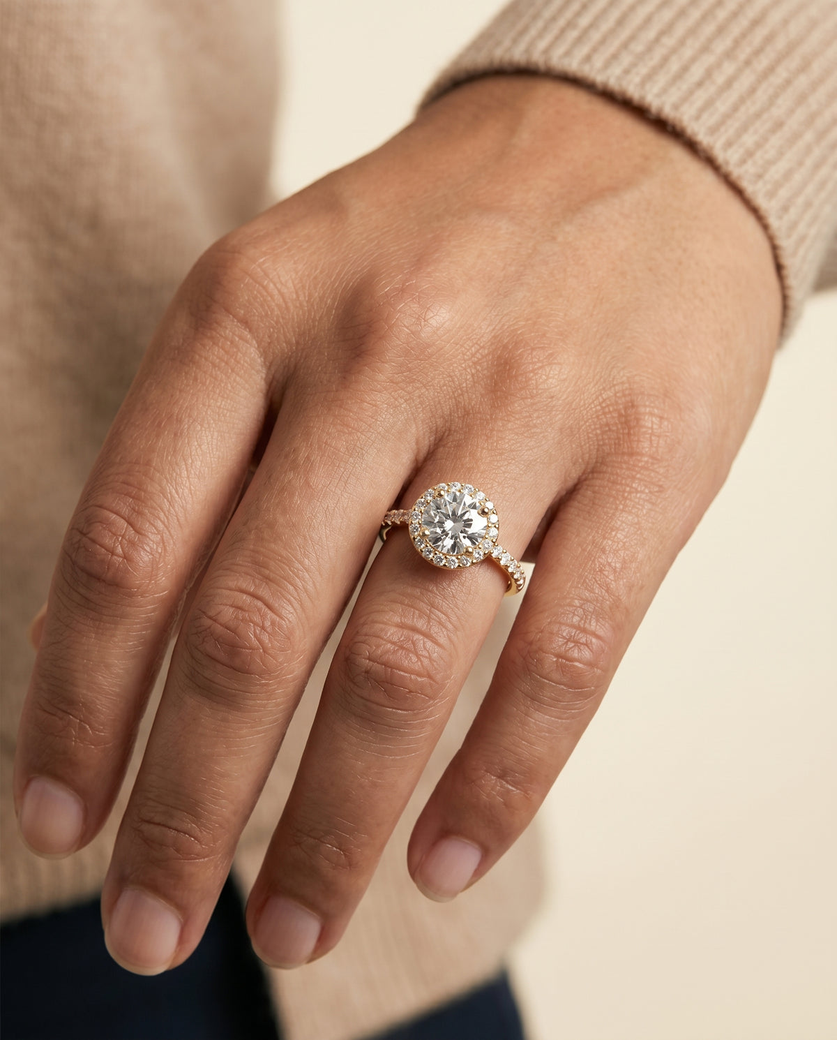 The Alicia engagement ring setting in 18K Yellow Gold, shared prong halo design | RockHer