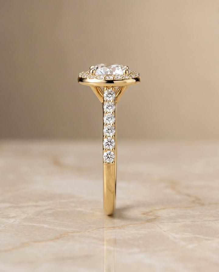 Round Brilliant, Shared Prong Halo Round, in 18K Yellow Gold, pave setting – side profile | RockHer