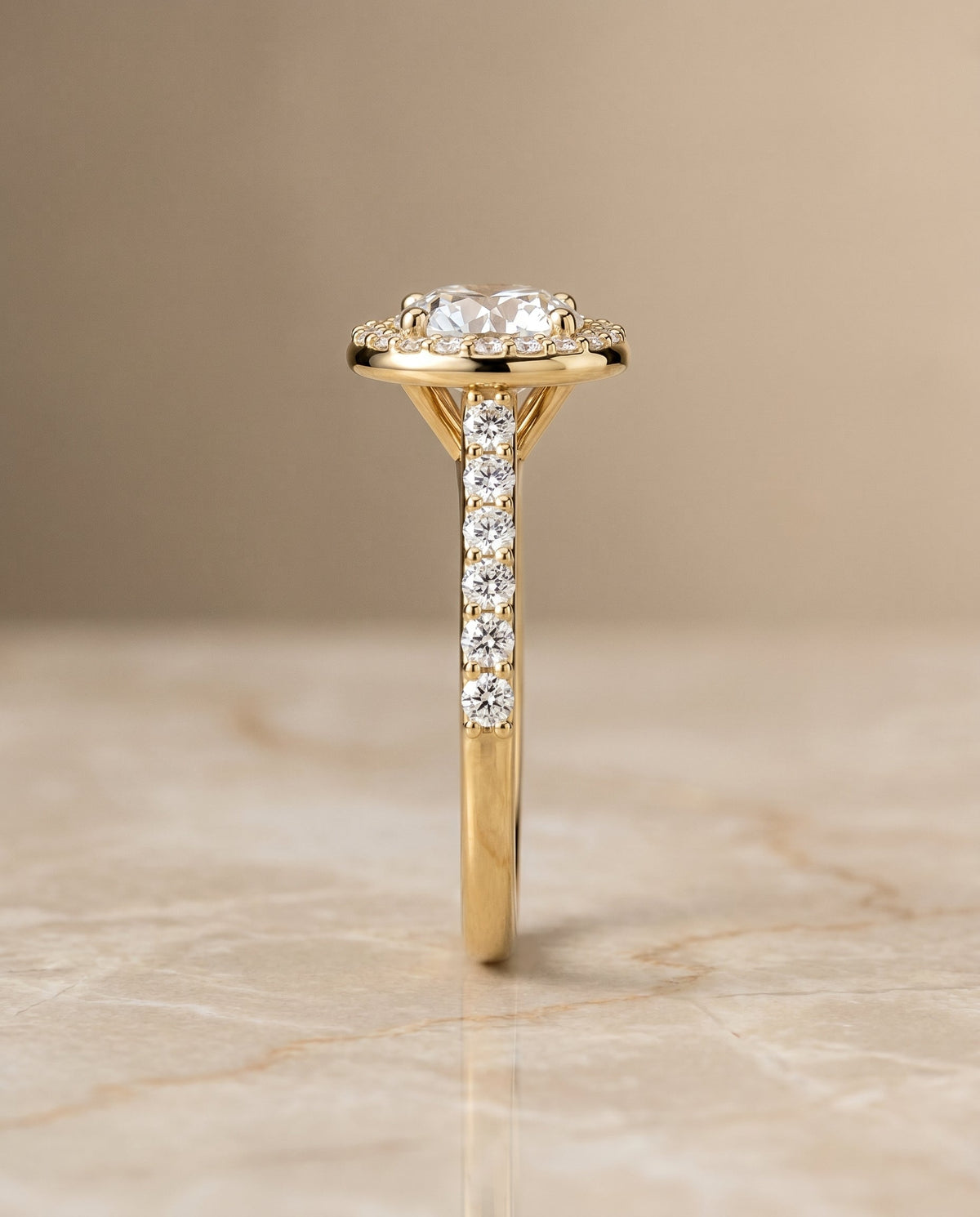 Alicia Select Shared Prong Halo Round Lab Diamond Engagement Ring in 18K Yellow Gold, side view | RockHer