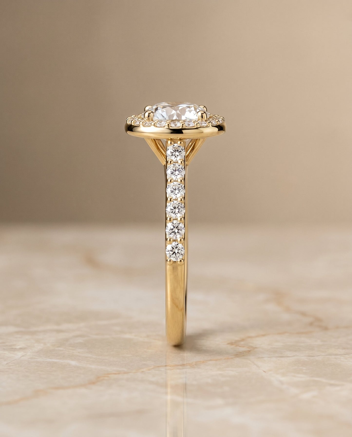 Alicia shared prong halo engagement ring in 18K yellow gold with round lab diamond — RockHer