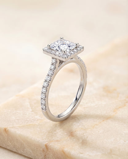 Shared Prong Pavé Halo Princess, in Platinum, pave setting – angled view | RockHer