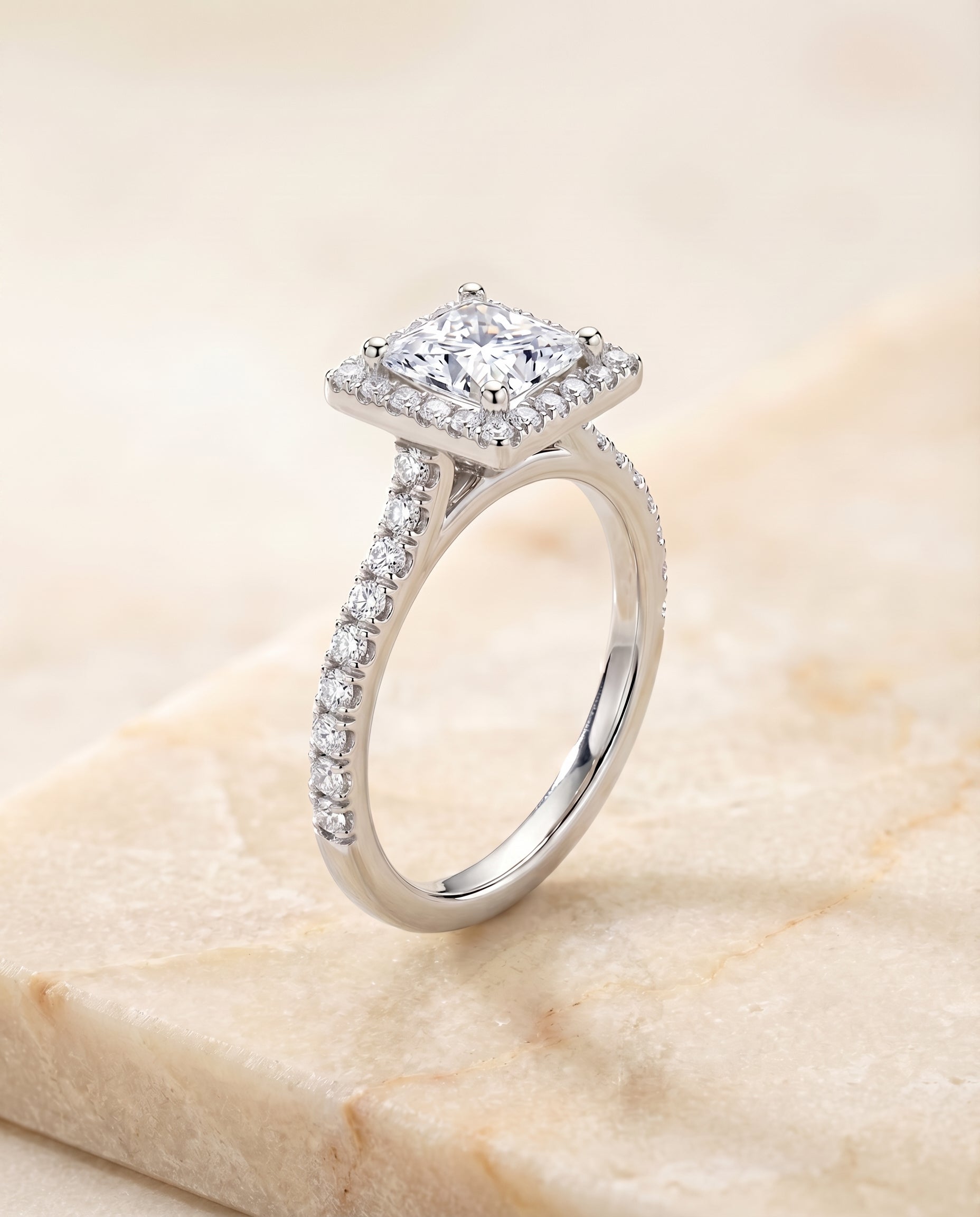 Allegra Select Pav Halo Princess Cut Lab Diamond Engagement Ring in 18K White Gold, alternate angle | RockHer
