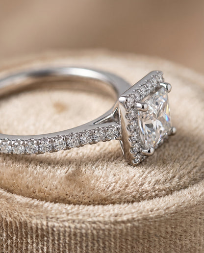 Allegra Select shared prong pavé halo princess cut princess cut ring in 14K White Gold — detail — RockHer