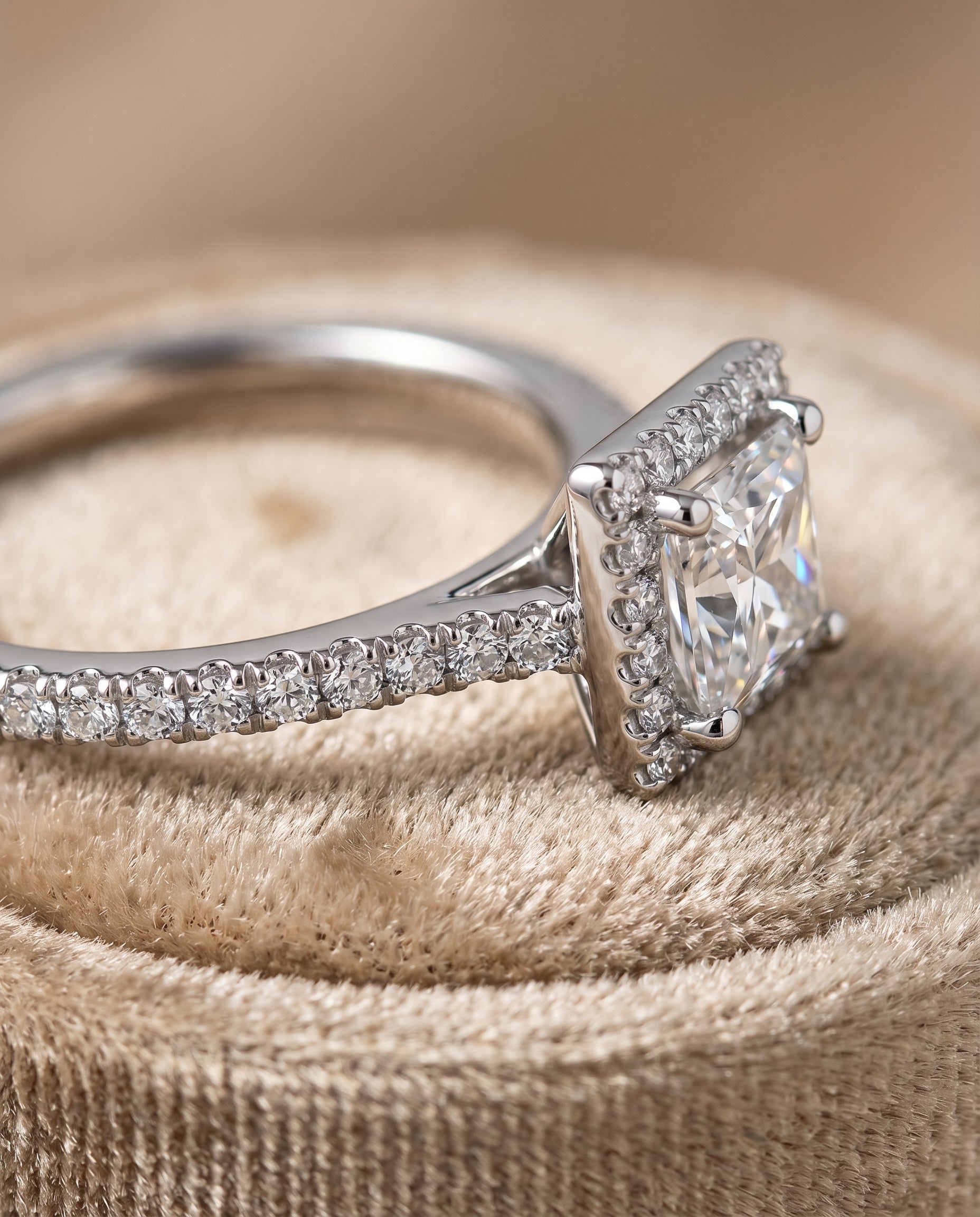 Allegra Select Pav Halo Princess Cut Lab Diamond Engagement Ring in Platinum, detail view | RockHer