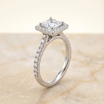 The Allegra Shared Prong Pavé Halo Princess Cut Engagement Ring Setting in 18K White Gold