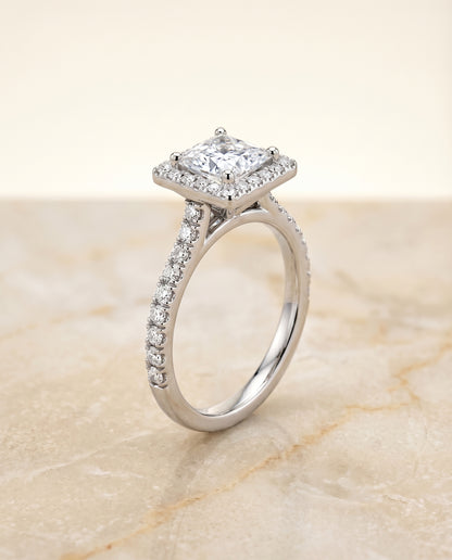 Shared Prong Pavé Halo Princess, in Platinum, pave setting – front view | RockHer