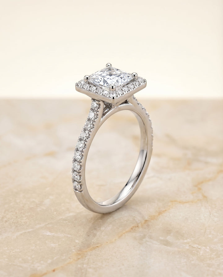 Allegra Select Pav Halo Princess Cut Lab Diamond Engagement Ring in Platinum, front view | RockHer